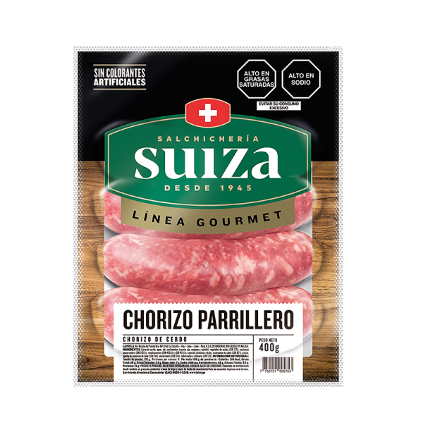 Chorizo parrillero suiza pqt 400g (cjx8un)